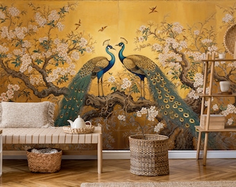 Chinoiserie Wallpaper, Mural de pared de pavo real, Fondo de pantalla vintage, Chinoiserie Wallpaper Peel and Stick, Fondo de pantalla con pájaros y flores, Mural