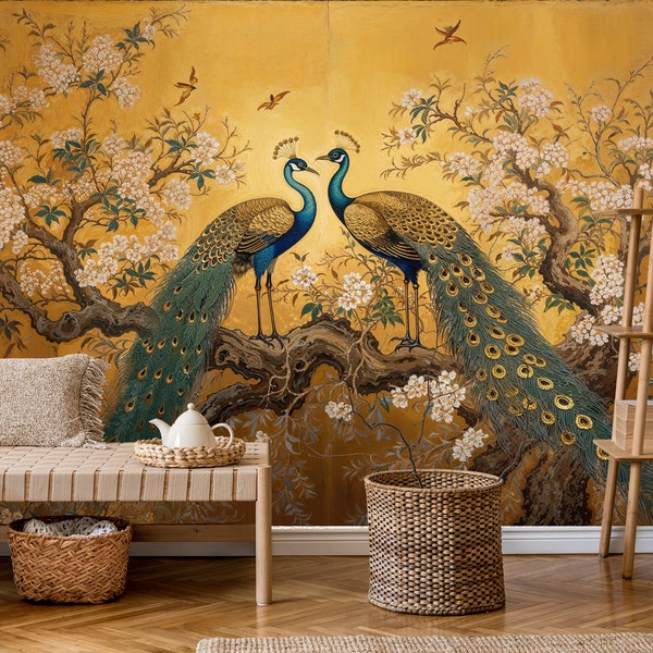 Chinoiserie Wallpaper, Peacock Wall Mural, Wallpaper Vintage, Chinoiserie Wallpaper Peel and Stick, Wallpaper With Birds and Flowers, Mural