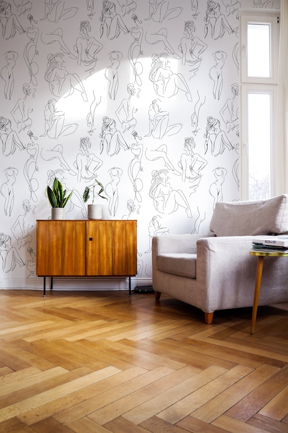Female Body Line Art Wallpaper: Black and White Peel and Stick Mural
