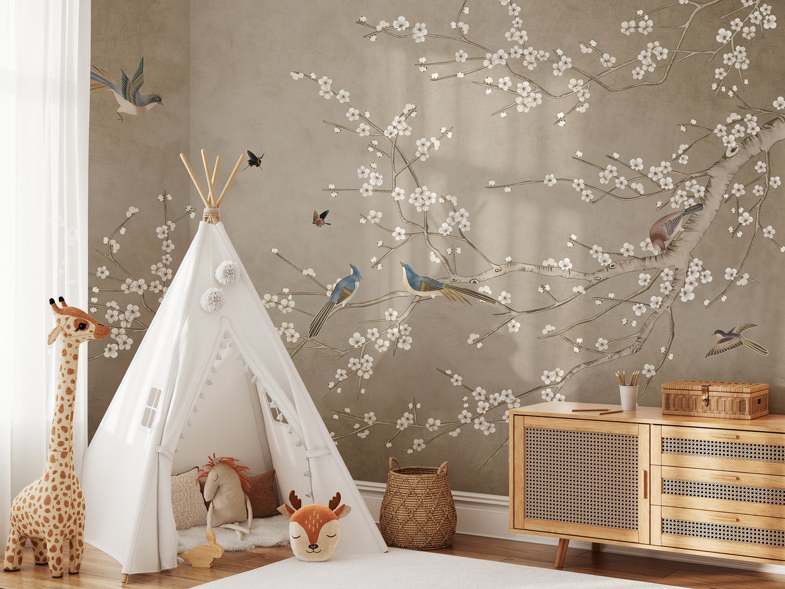 Cherry Blossom Chinoiserie Wallpaper: Birds and Flowers, Peel and Stick ...