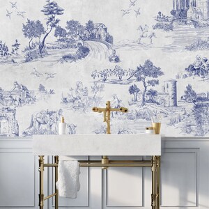 Vintage Jouy Style Landscape Wallpaper: Monochrome Peel and Stick Mural