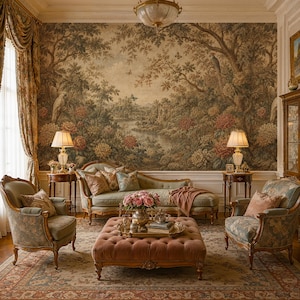 Peut inclure: Un ensemble de salon comprenant une chaise longue vert clair, deux fauteuils assortis au revêtement floral et un grand pouf en velours rose poudré capitonné. La pièce inclut deux tables d'appoint avec lampes et une fresque murale forestière.