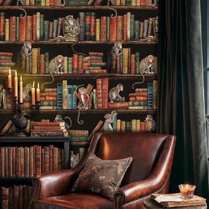 Monkey Bookshelf Mural: Gothic Library Peel and Stick Wallpaper