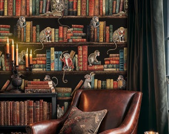 Monkey Bookshelf Mural: Gothic Library Peel and Stick Wallpaper