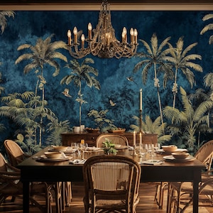 Navy Blue Tropical Peel and Stick Wallpaper, Dark Forest Landscape Wallpaper, Gold Detail Wallpaper, Luxury Rainforest Jungle Wallpaper