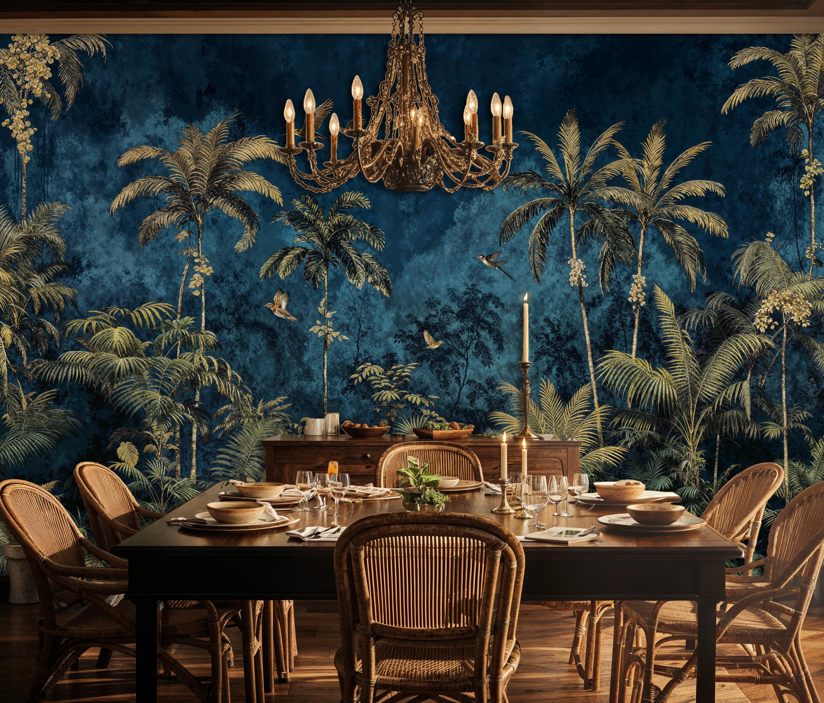 Navy Blue Tropical Wallpaper: Gold Rainforest Peel and Stick