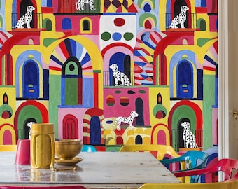 Abstract Architectural Wallpaper: Colorful Dalmatian Wall Mural Peel and Stick
