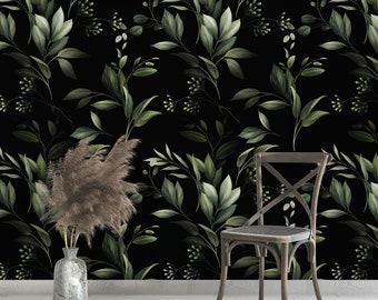 Dark Floral Peel and Stick Wallpaper: Vintage Green Leaves Mural