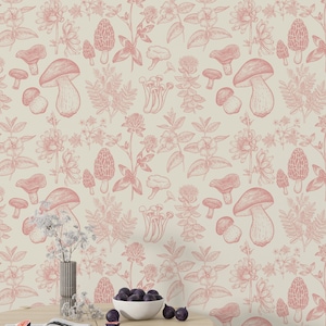 Mushroom Wallpaper, Pink Wallpaper, Kids Wallpaper, Peel and Stick Wallpaper Mushroom, Wall Mural Wallpaper, Vintage Wallpaper