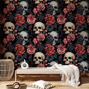 Gothic Skull Wallpaper for Walls, Dark Floral Wallpaper Peel