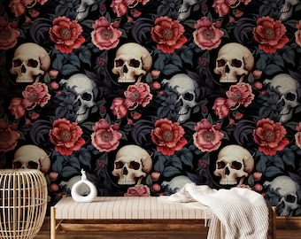 Gothic Skull & Peony Wallpaper: Dark Floral Peel and Stick Wall Mural