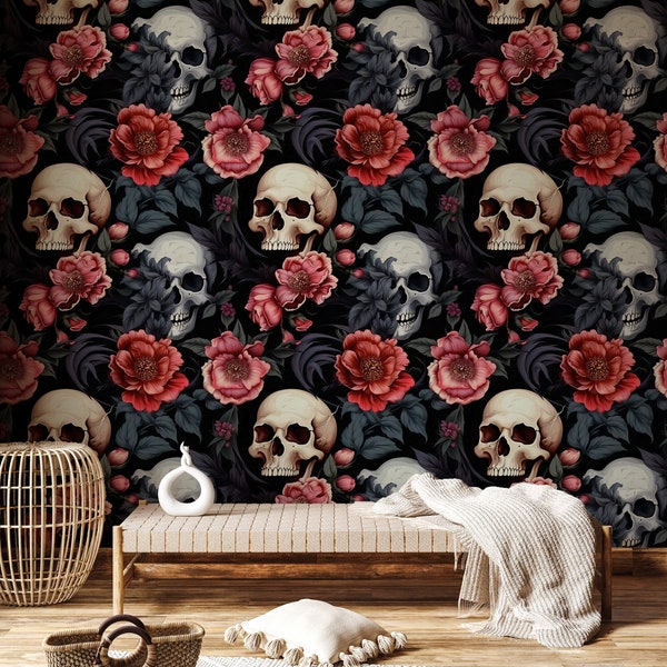 Gothic Skull Wallpaper for Walls, Dark Floral Wallpaper Peel and Stick, Peony Wallpaper, Gothic Flower Wall Mural, Peony Floral Wallpaper