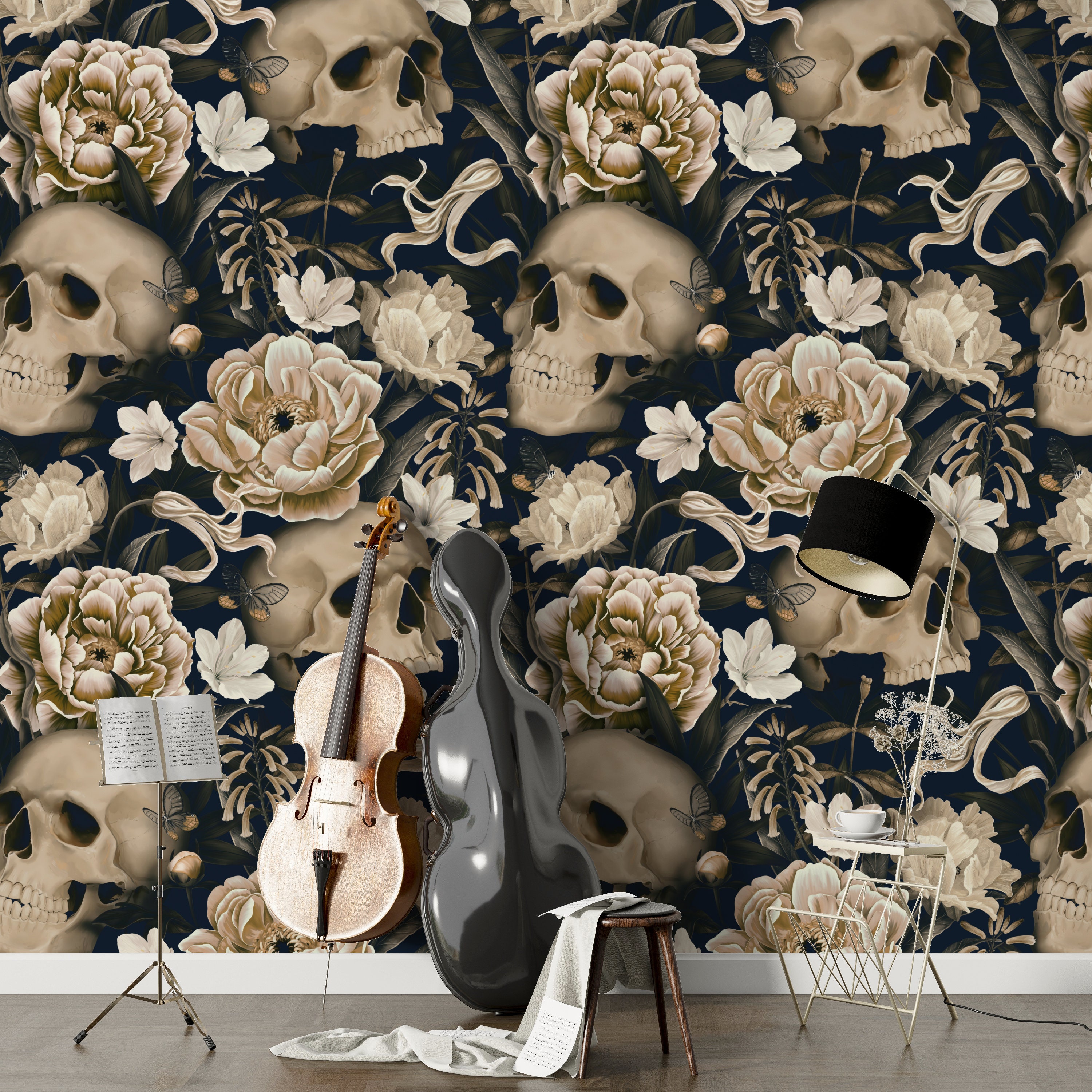Dark Floral With Skull Wallpaper Gothic Flower Wall Mural image