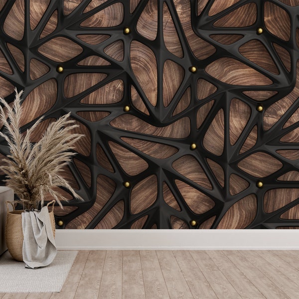 Papel tapiz 3D negro y dorado: Mural geométrico abstracto, despegar y pegar