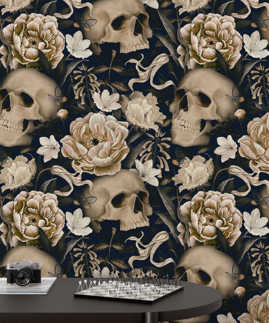 Dark Floral With Skull Wallpaper Gothic Flower Wall Mural photo