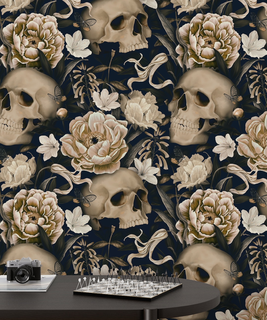 Dark Floral With Skull Wallpaper Gothic Flower Wall Mural photo