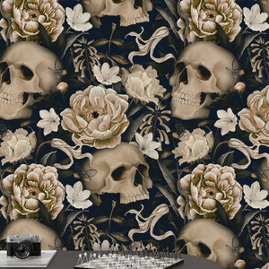 Dark Floral With Skull Wallpaper, Gothic Flower Wall Mural, Peel and Stick Wallpaper, Peony Floral Wallpaper, Gothic Wallpaper