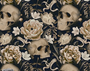 Dark Floral With Skull Wallpaper, Gothic Flower Wall Mural, Peel and Stick Wallpaper, Peony Floral Wallpaper, Gothic Wallpaper