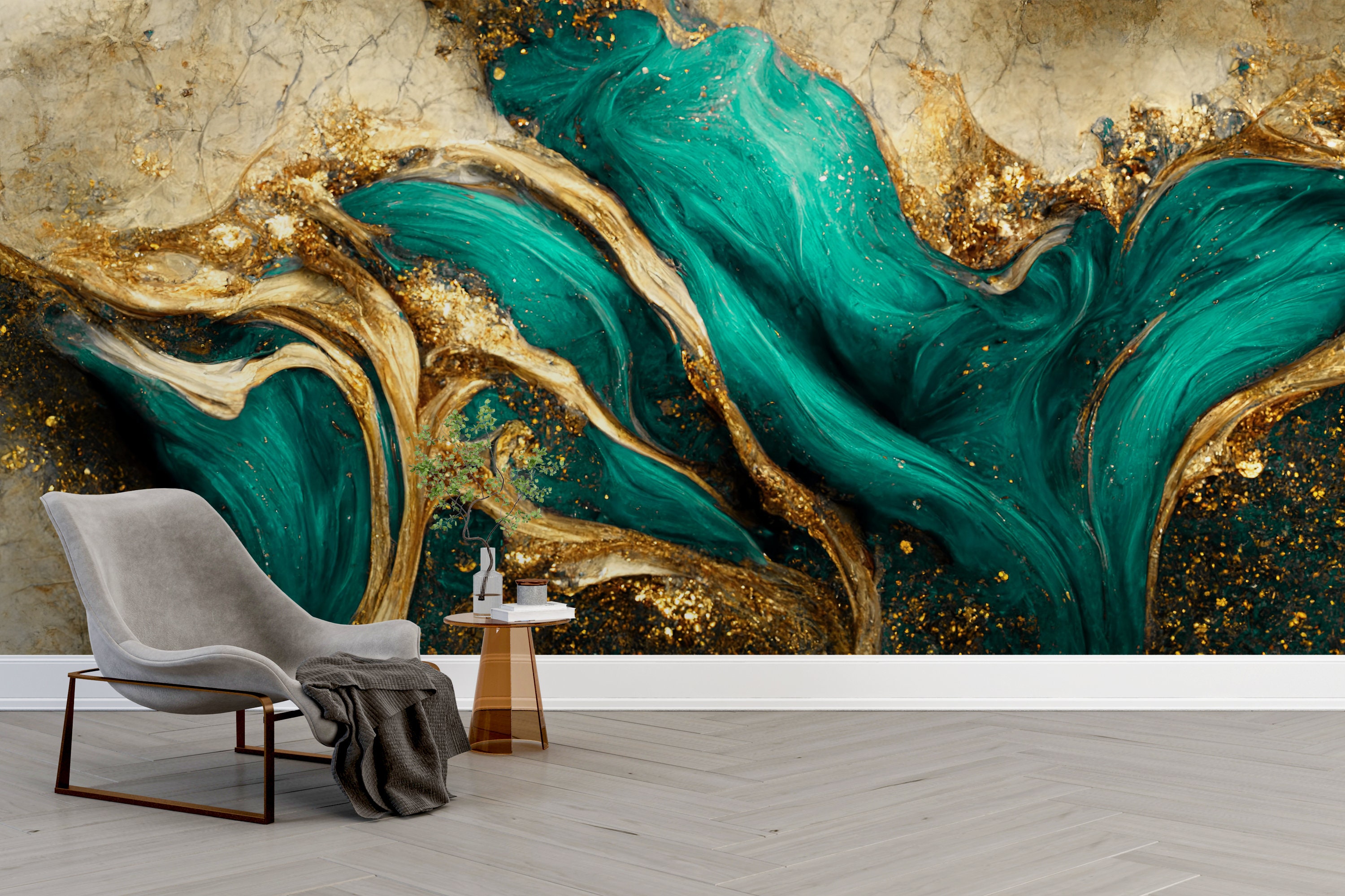 Fancy Faux Marble Teal Gold II Wallpaper  Buy Online  Happywall