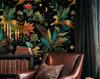 Winged Leopard Jungle Wallpaper: Celestial Botanical Peel and Stick Mural