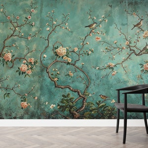 Vintage Chinoiserie Peel and Stick Wallpaper with Birds, Chinese Birds with Blossom Wallpaper, Blue Chinoiserie Wallpaper or Non-Woven