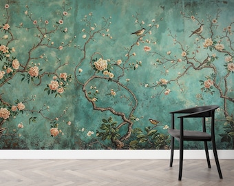 Vintage Chinoiserie Peel and Stick Wallpaper with Birds, Chinese Birds with Blossom Wallpaper, Blue Chinoiserie Wallpaper or Non-Woven