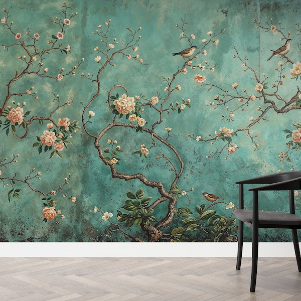 Vintage Chinoiserie Peel and Stick Wallpaper with Birds, Chinese Birds with Blossom Wallpaper, Blue Chinoiserie Wallpaper or Non-Woven