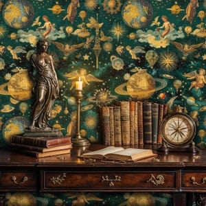 Dark Green Celestial Wallpaper, Baroque Wallpaper Peel and Stick, Celestial Wallpaper Miniatures, Victorian Astronomy Wallpaper Wall Mural