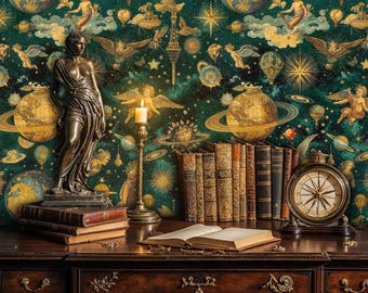 Dark Green Celestial Peel and Stick Wallpaper: Victorian Astronomy Wall Mural