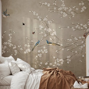 Asian Flowers Chinoiserie Wallpaper, Floral Wallpaper Peel and Stick,Chinoiserie Mural,Wallpaper With Birds and Flowers,Cherry Blossom Mural
