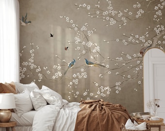 Cherry Blossom Chinoiserie Wallpaper: Birds and Flowers, Peel and Stick