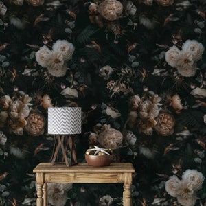 Peony Floral Large Wallpaper, Dark Floral Peel and Stick Wallpaper, Dark Botanical Wallpaper, Wallpaper Floral, Vintage Wallpaper