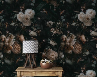 Peony Floral Large Wallpaper, Dark Floral Peel and Stick Wallpaper, Dark Botanical Wallpaper, Wallpaper Floral, Vintage Wallpaper