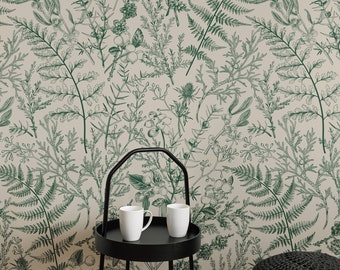 Green Euclayptus Peel and Stick Wallpaper Floral, Botanic Plants Wall Mural, Peel and Stick Wallpaper Vintage, Botanical Mural, Fern Mural