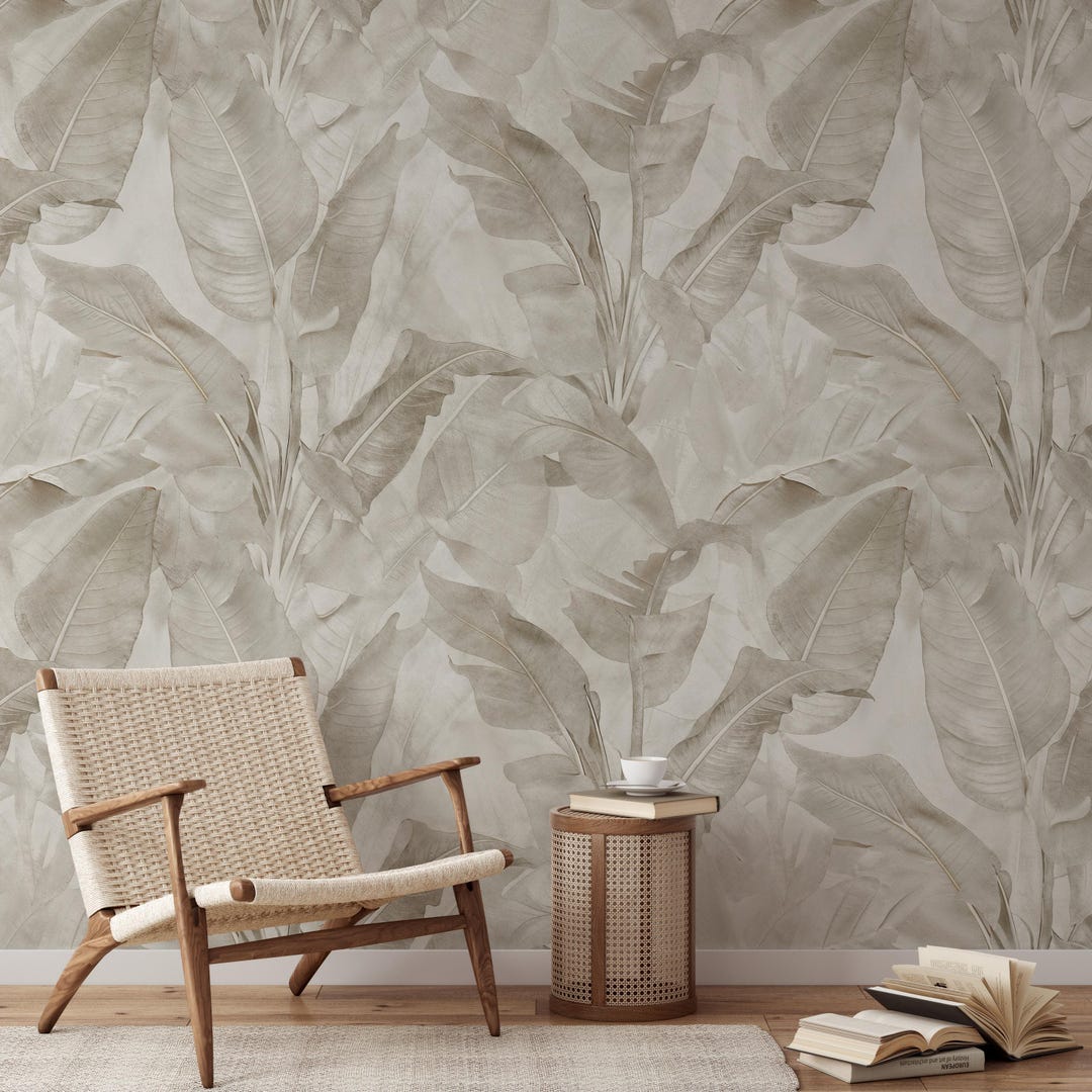 Beige Banana Leaf Wallpaper: Tropical Peel and Stick Wall Mural - Etsy