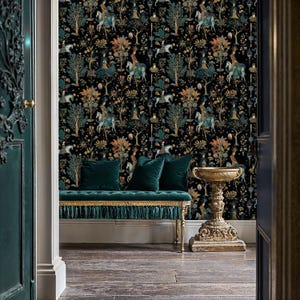 Medieval Animal Wallpaper: Dark Woodland Peel and Stick Mural