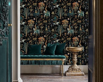 Medieval Animal Wallpaper: Dark Woodland Peel and Stick Mural