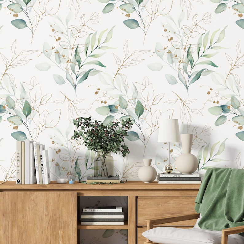 Eucalyptus Wallpaper Watercolor Wallpaper Gold Wallpaper - Etsy