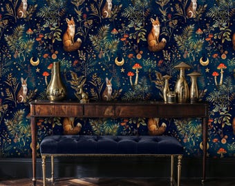 Woodland Animals Peel and Stick Wallpaper: Magical Forest Night Mural