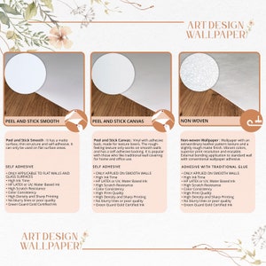 Może przedstawiać: Pokazano trzy r&oacute;żne rodzaje tapet: Peel and Stick Smooth, Peel and Stick Canvas i Non-woven. Każdy typ jest opisany wraz z jego cechami i instrukcjami aplikacji. Tekst podkreśla użycie wysokiej jakości atramentu, odporności na zarysowania i certyfikatu Green Guard Gold.