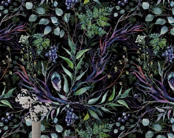 Puede incluir: Una impresión de acuarela con un fondo oscuro con un patrón repetitivo de hojas verdes y moradas, bayas y flores. La impresión es perfecta para agregar un toque de naturaleza a cualquier habitación.