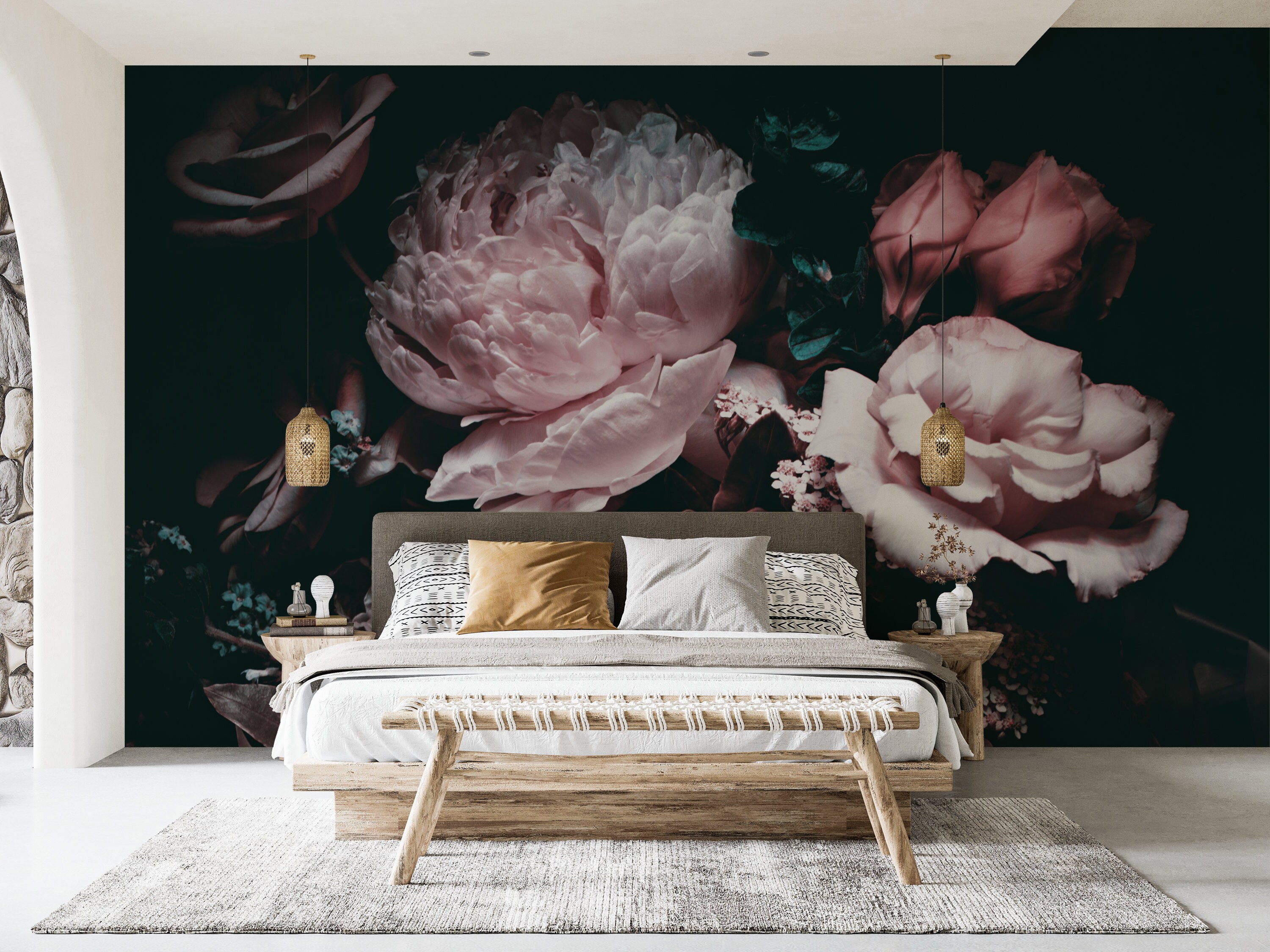 Peony Wallpaper, Dark Wallpaper, Dark Floral Peel and Stick Wallpaper ...