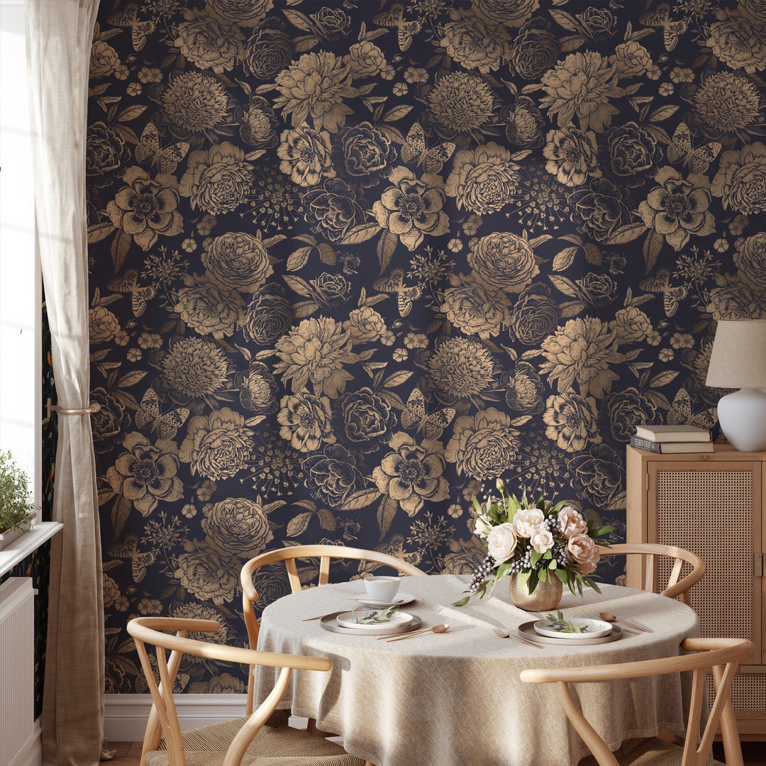 Dark Floral Peel and Stick Wallpaper: Gold Peony Mural - Etsy