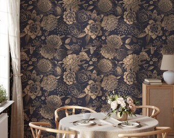 Dark Floral Peel and Stick Wallpaper: Gold Peony Mural