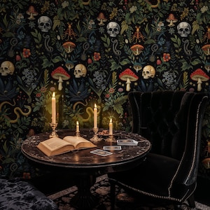 Mythical Peel and Stick Wallpaper, Dark Botanical Wallpaper, Dark Skulls Wallpaper, Dark Gothic Wallpaper, Dark Mushroom Forest Wallpaper