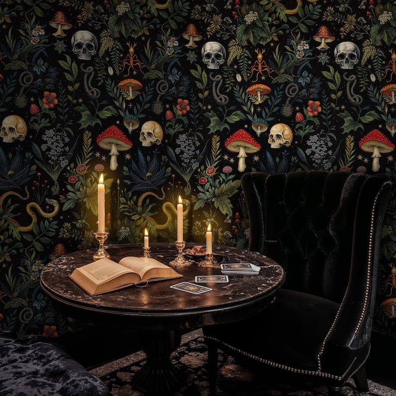 Mythical Peel and Stick Wallpaper, Dark Botanical Wallpaper, Dark Skulls Wallpaper, Dark Gothic Wallpaper, Dark Mushroom Forest Wallpaper