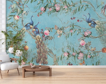 Peacock Chinoiserie Wallpaper: Vintage Floral Peel and Stick Wall Mural