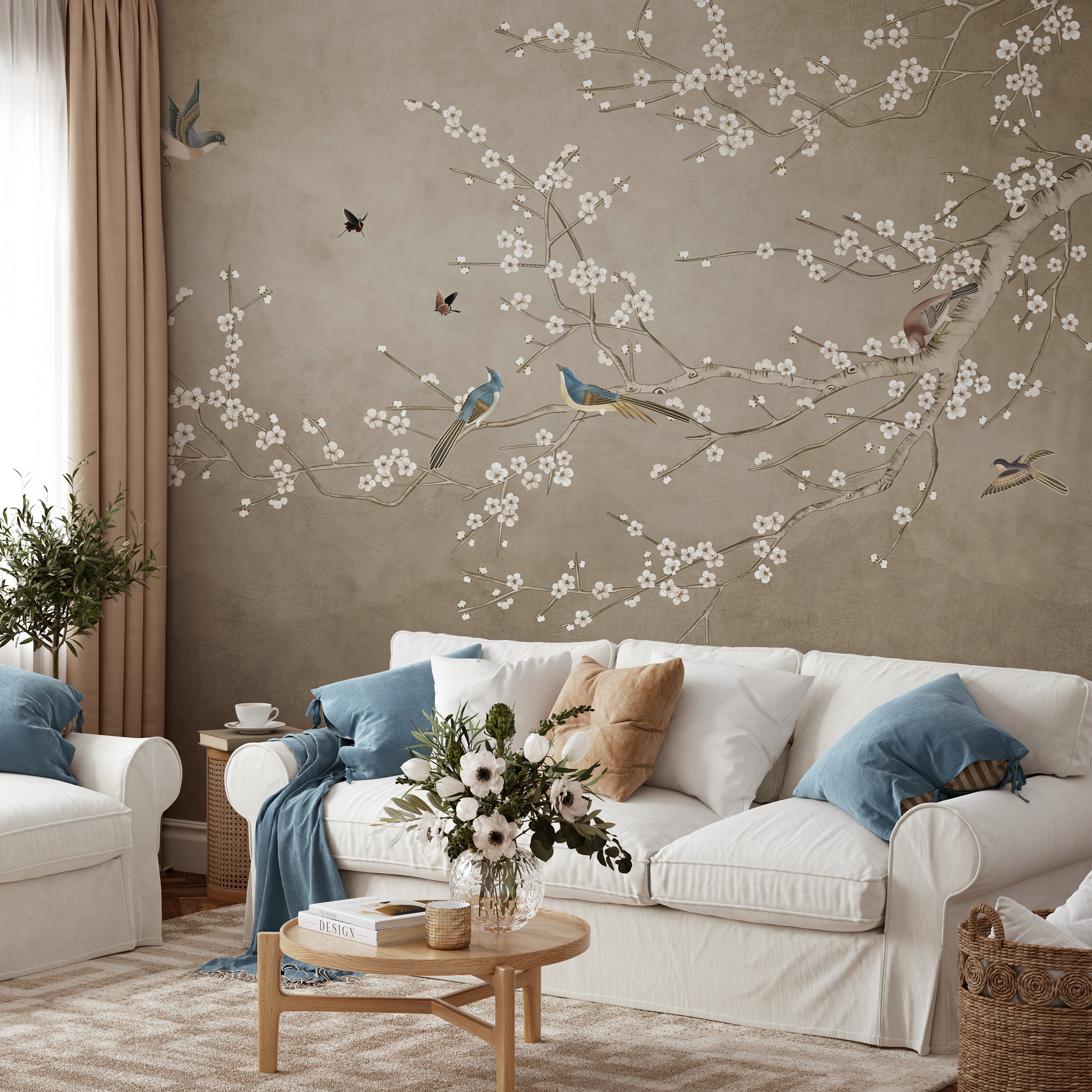 Cherry Blossom Chinoiserie Wallpaper: Birds and Flowers, Peel and Stick ...