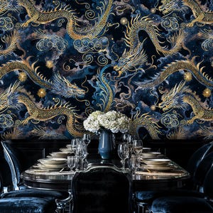 Dragon Peel and Stick Wallpaper, Chinese Dragon Wallpaper Navy Blue and Gold, Celestial Chinoiserie Wallpaper Vintage Dragon Wallpaper