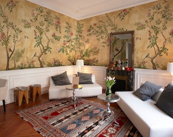 Vintage Chinoiserie Wallpaper Panoramic Peel and Stick Wallpaper, Chinese Birds and Trees Wall Mural, Oriental Wallpaper, Chinoiserie Mural